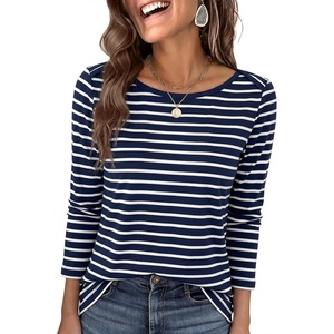 image:imageANRABESS Womens Boat Neck 34 Sleeve Top Summer Fall Fashion T Shirts  Soft Stretchy Breathable Tee StripedSolidPrinted Options Casual amp Work Wear Travel Vacation Outfits AllSeason ClothingWhite Navy Stripe