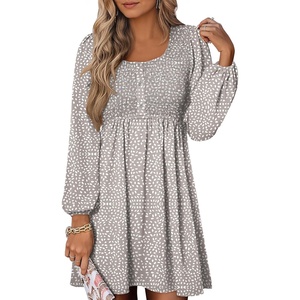 image:imageANRABESS Womens Long Lantern Sleeve Dresses 2026 Spring Casual Smocked High Waist Flowy Short Dress with Pockets TrendyKhaki Polka Dot