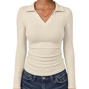 image:imageANRABESS Womens Long Sleeve Polo ShirtsBusiness Casual Collared V Neck Slim Fitted Dressy Tops for Work Office amp DailyBeige