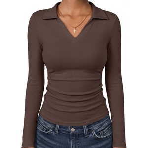 image:imageANRABESS Womens Long Sleeve Polo ShirtsBusiness Casual Collared V Neck Slim Fitted Dressy Tops for Work Office amp DailyBrown