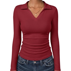 image:imageANRABESS Womens Long Sleeve Polo ShirtsBusiness Casual Collared V Neck Slim Fitted Dressy Tops for Work Office amp DailyRed