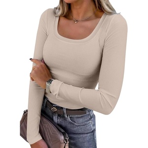 image:imageANRABESS Womens Long Sleeve Shirts Scoop Neck Ribbed Knit Slim Fitted Tops Casual Basic Tee 2026 Fall Fashion Outfits ClothesBeige