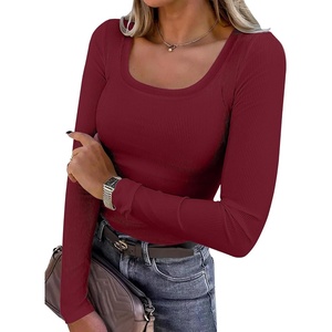 image:imageANRABESS Womens Long Sleeve Shirts Scoop Neck Ribbed Knit Slim Fitted Tops Casual Basic Tee 2026 Fall Fashion Outfits ClothesDeep Red