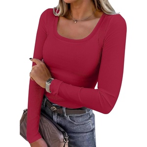 image:imageANRABESS Womens Long Sleeve Shirts Scoop Neck Ribbed Knit Slim Fitted Tops Casual Basic Tee 2026 Fall Fashion Outfits ClothesRed