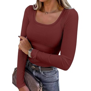 image:imageANRABESS Womens Long Sleeve Shirts Scoop Neck Ribbed Knit Slim Fitted Tops Casual Basic Tee 2026 Fall Fashion Outfits ClothesRed Brown