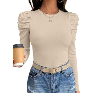 image:imageANRABESS Womens Puff Long Sleeve Shirts Comfy Stretchy Ribbed Knit Fitted Tops Trendy Fall Winter Tee for Work amp CasualBeige