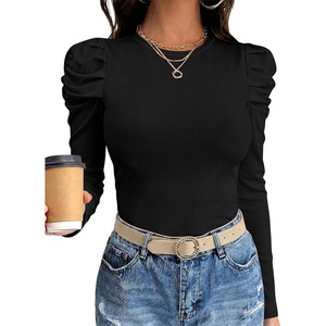 image:imageANRABESS Womens Puff Long Sleeve Shirts Comfy Stretchy Ribbed Knit Fitted Tops Trendy Fall Winter Tee for Work amp CasualBlack
