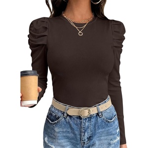 image:imageANRABESS Womens Puff Long Sleeve Shirts Comfy Stretchy Ribbed Knit Fitted Tops Trendy Fall Winter Tee for Work amp CasualCoffee