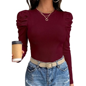 image:imageANRABESS Womens Puff Long Sleeve Shirts Comfy Stretchy Ribbed Knit Fitted Tops Trendy Fall Winter Tee for Work amp CasualDeep Red