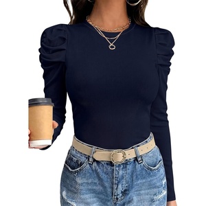 image:imageANRABESS Womens Puff Long Sleeve Shirts Comfy Stretchy Ribbed Knit Fitted Tops Trendy Fall Winter Tee for Work amp CasualNavy Blue