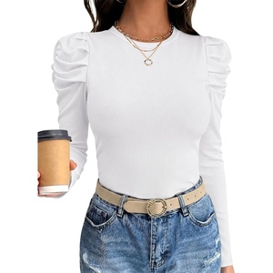 image:imageANRABESS Womens Puff Long Sleeve Shirts Comfy Stretchy Ribbed Knit Fitted Tops Trendy Fall Winter Tee for Work amp CasualWhite