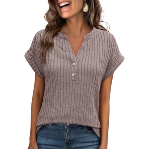 image:imageANRABESS Womens Short Sleeve Henley Shirts V Neck Summer Sweaters 2026 Spring Business Tunic Tops Dressy Casual Work BlousesCool Ash Brown