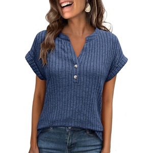image:imageANRABESS Womens Short Sleeve Henley Shirts V Neck Summer Sweaters 2026 Spring Business Tunic Tops Dressy Casual Work BlousesDark Blue