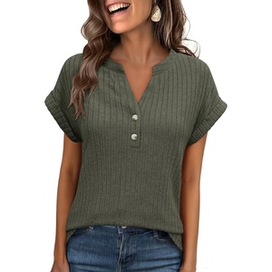 image:imageANRABESS Womens Short Sleeve Henley Shirts V Neck Summer Sweaters 2026 Spring Business Tunic Tops Dressy Casual Work BlousesDeep Green