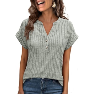 image:imageANRABESS Womens Short Sleeve Henley Shirts V Neck Summer Sweaters 2026 Spring Business Tunic Tops Dressy Casual Work BlousesGreen