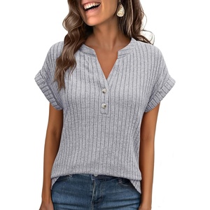 image:imageANRABESS Womens Short Sleeve Henley Shirts V Neck Summer Sweaters 2026 Spring Business Tunic Tops Dressy Casual Work BlousesGrey