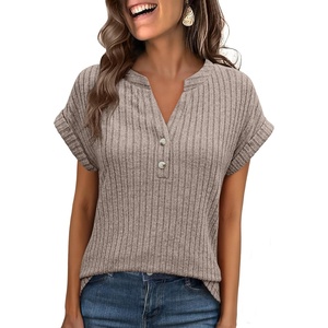 image:imageANRABESS Womens Short Sleeve Henley Shirts V Neck Summer Sweaters 2026 Spring Business Tunic Tops Dressy Casual Work BlousesLight Ash Brown