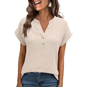 image:imageANRABESS Womens Short Sleeve Henley Shirts V Neck Summer Sweaters 2026 Spring Business Tunic Tops Dressy Casual Work BlousesLight Khaki