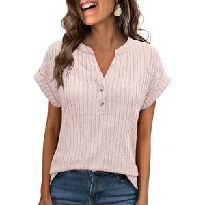 image:imageANRABESS Womens Short Sleeve Henley Shirts V Neck Summer Sweaters 2026 Spring Business Tunic Tops Dressy Casual Work BlousesLight Pink