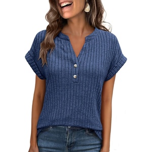 image:imageANRABESS Womens Short Sleeve Henley Shirts V Neck Summer Sweaters 2026 Spring Business Tunic Tops Dressy Casual Work BlousesNavy Blue