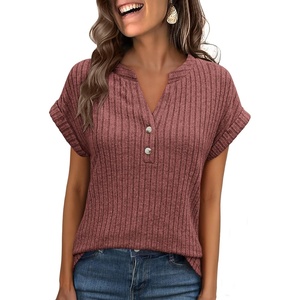 image:imageANRABESS Womens Short Sleeve Henley Shirts V Neck Summer Sweaters 2026 Spring Business Tunic Tops Dressy Casual Work BlousesRust Orange