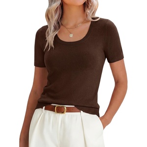 image:imageANRABESS Womens Short Sleeve Sweaters Wool Blend Summer Scoop Neck Casual Business Knit Shirts Slim Fit Work Tops OutfitsChocolate Brown