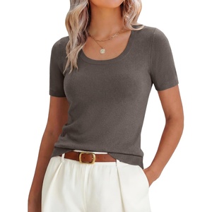 image:imageANRABESS Womens Short Sleeve Sweaters Wool Blend Summer Scoop Neck Casual Business Knit Shirts Slim Fit Work Tops OutfitsDrak Taupe