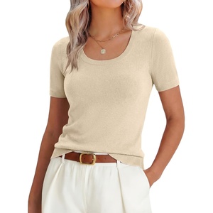 image:imageANRABESS Womens Short Sleeve Sweaters Wool Blend Summer Scoop Neck Casual Business Knit Shirts Slim Fit Work Tops OutfitsParchment