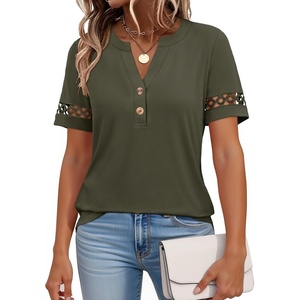 image:imageANRABESS Womens Short Sleeve Tops Henley V Neck Blouses Dressy Casual 2026 Summer Trendy Tee Shirts Work Business OutfitsArmy Green