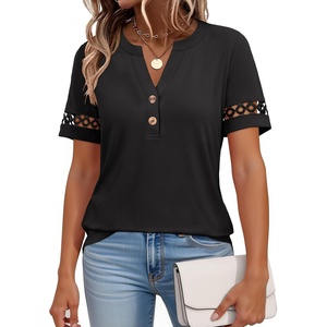 image:imageANRABESS Womens Short Sleeve Tops Henley V Neck Blouses Dressy Casual 2026 Summer Trendy Tee Shirts Work Business OutfitsBlack