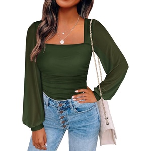 image:imageANRABESS Womens Square Neck Mesh Long Sleeve Tops Double Lined Dressy Business Casual Blouses Shirts 2026 Fall OutfitsArmy Green