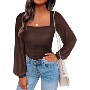 image:imageANRABESS Womens Square Neck Mesh Long Sleeve Tops Double Lined Dressy Business Casual Blouses Shirts 2026 Fall OutfitsBrown
