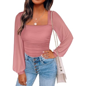 image:imageANRABESS Womens Square Neck Mesh Long Sleeve Tops Double Lined Dressy Business Casual Blouses Shirts 2026 Fall OutfitsCoral Pink