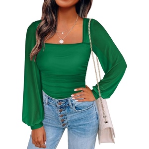 image:imageANRABESS Womens Square Neck Mesh Long Sleeve Tops Double Lined Dressy Business Casual Blouses Shirts 2026 Fall OutfitsGreen