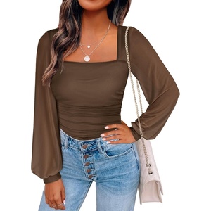 image:imageANRABESS Womens Square Neck Mesh Long Sleeve Tops Double Lined Dressy Business Casual Blouses Shirts 2026 Fall OutfitsMocha