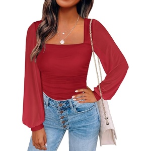 image:imageANRABESS Womens Square Neck Mesh Long Sleeve Tops Double Lined Dressy Business Casual Blouses Shirts 2026 Fall OutfitsRed