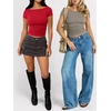 image:imageANRABESS Womens Cap Sleeve Boat Neck Ruched Crop Top Soft Ribbed Slim Fitted Tee Going Out Casual Shirt for SummerRed