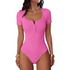 image:imageANRABESS Womens BodysuitsShort Sleeve Scoop Neck Top Fitted Ribbed Knit Soft Going Out Henley ShirtsTravel Work Body SuitHot Pink