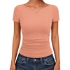 image:imageANRABESS Womens Cap Sleeve Boat Neck Ruched Crop Top Soft Ribbed Slim Fitted Tee Going Out Casual Shirt for SummerCoral