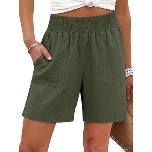 image:imageANRABESS Linen Shorts for Women Casual Summer High Waisted Wide Leg Lounge Beach Vacation Shorts with PocketsArmy Green