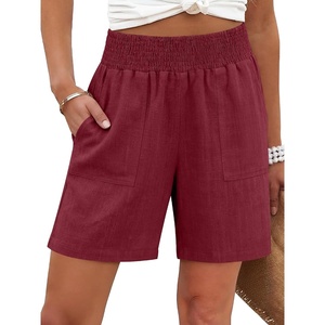 image:imageANRABESS Linen Shorts for Women Casual Summer High Waisted Wide Leg Lounge Beach Vacation Shorts with PocketsDeep Red