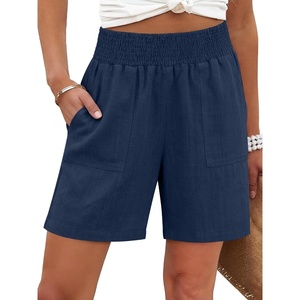 image:imageANRABESS Linen Shorts for Women Casual Summer High Waisted Wide Leg Lounge Beach Vacation Shorts with PocketsNavy Blue