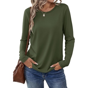 image:imageANRABESS Long Sleeve Shirts for Women Casual Crewneck Basic Tee Tshirts Loose Fit Curved Hem Tunic Top 2026 Fall OutfitsArmy Green