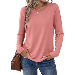 image:imageANRABESS Long Sleeve Shirts for Women Casual Crewneck Basic Tee Tshirts Loose Fit Curved Hem Tunic Top 2026 Fall OutfitsCoral