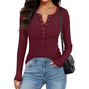 image:imageANRABESS Long Sleeve Shirts for Women Henley Button Down Tops Ribbed Knit Slim Fit Fall Basic Tee 2026 Casual Trendy ClothesBurgundy
