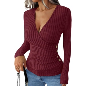 image:imageANRABESS Long Sleeve Shirts for Women Sexy Sweater V Neck Ribbed Knit Slim Fit Wrap Top 2026 Fall Casual Fashion ClothesBurgundy