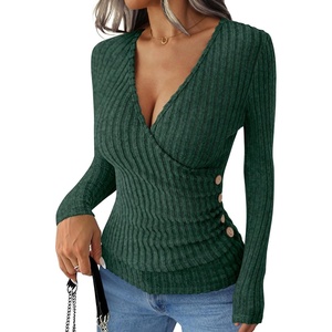 image:imageANRABESS Long Sleeve Shirts for Women Sexy Sweater V Neck Ribbed Knit Slim Fit Wrap Top 2026 Fall Casual Fashion ClothesGreen