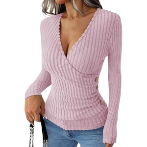 image:imageANRABESS Long Sleeve Shirts for Women Sexy Sweater V Neck Ribbed Knit Slim Fit Wrap Top 2026 Fall Casual Fashion ClothesPink