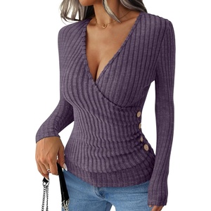 image:imageANRABESS Long Sleeve Shirts for Women Sexy Sweater V Neck Ribbed Knit Slim Fit Wrap Top 2026 Fall Casual Fashion ClothesPurple