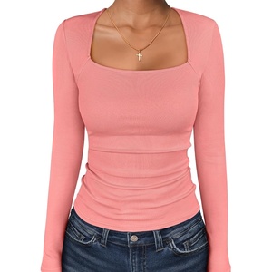 image:imageANRABESS Long Sleeve Shirts for Women Square Neck Tops Ribbed Knit Slim Fit Basic Tee Going Out Fall Fashion ClothingCoral Pink